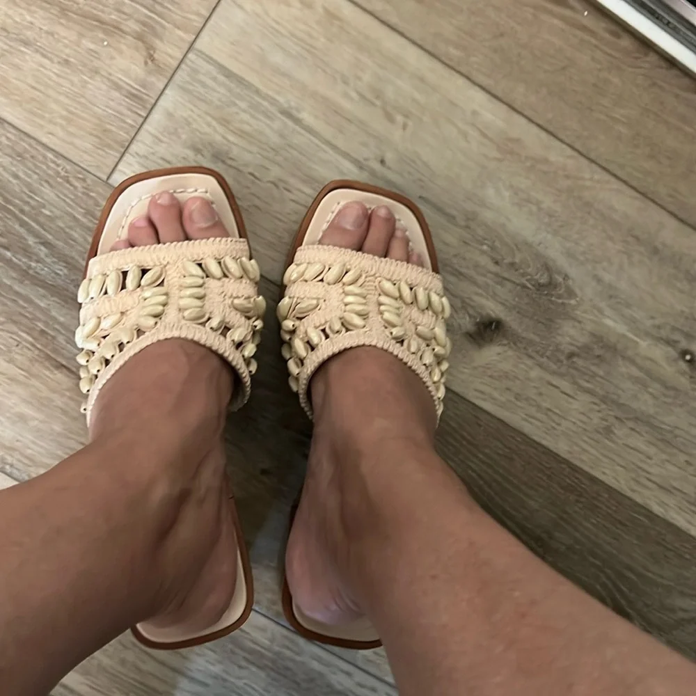 Bernardo Cream Beaded Crochet Platform Sandals